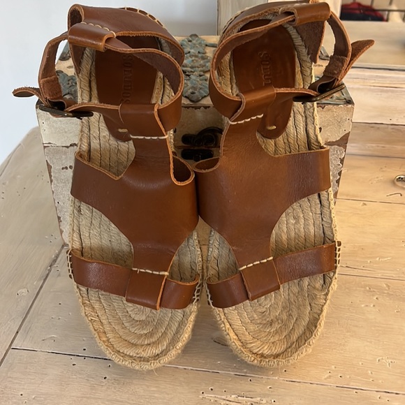 Soludos Leather Espadrilles Banded Shield Open Toe Buckle Flatform Sandals - Picture 2 of 5